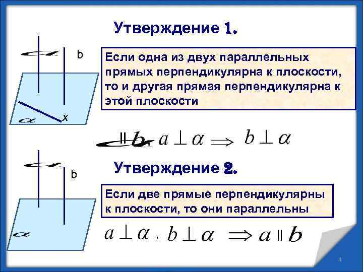 Утверждение 1. b Если одна из двух параллельных прямых перпендикулярна к плоскости, то и