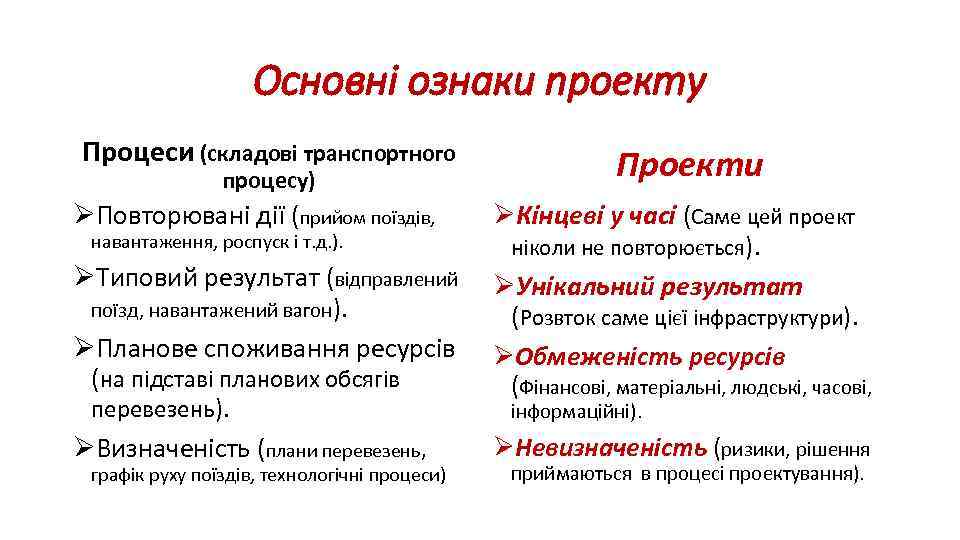 Основні ознаки проекту Процеси (складові транспортного процесу) ØПовторювані дії (прийом поїздів, навантаження, роспуск і