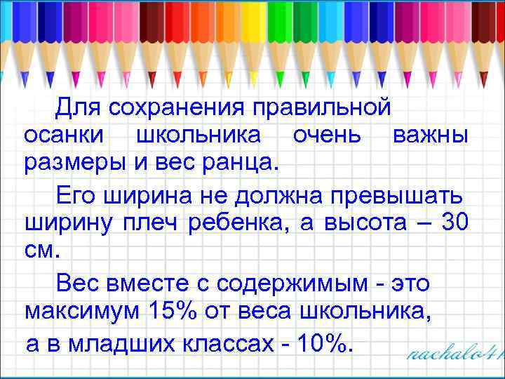 Для сохранения правильной осанки школьника очень важны размеры и вес ранца. Его ширина не