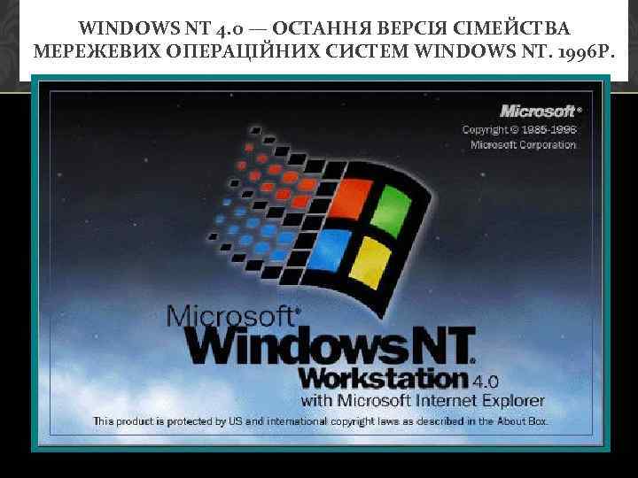 WINDOWS NT 4. 0 — ОСТАННЯ ВЕРСІЯ СІМЕЙСТВА МЕРЕЖЕВИХ ОПЕРАЦІЙНИХ СИСТЕМ WINDOWS NT. 1996