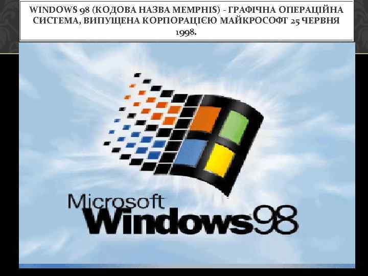 WINDOWS 98 (КОДОВА НАЗВА MEMPHIS) - ГРАФІЧНА ОПЕРАЦІЙНА СИСТЕМА, ВИПУЩЕНА КОРПОРАЦІЄЮ МАЙКРОСОФТ 25 ЧЕРВНЯ