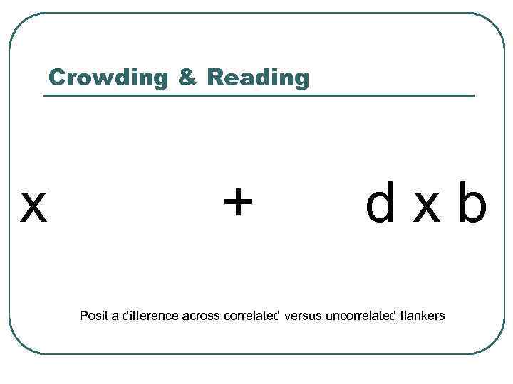 Crowding & Reading x + dxb Posit a difference across correlated versus uncorrelated flankers