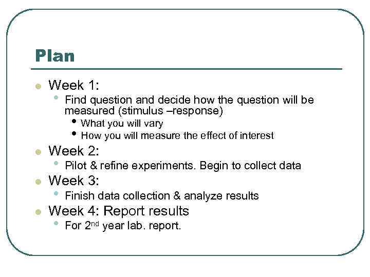 Plan l Week 1: • Find question and decide how the question will be