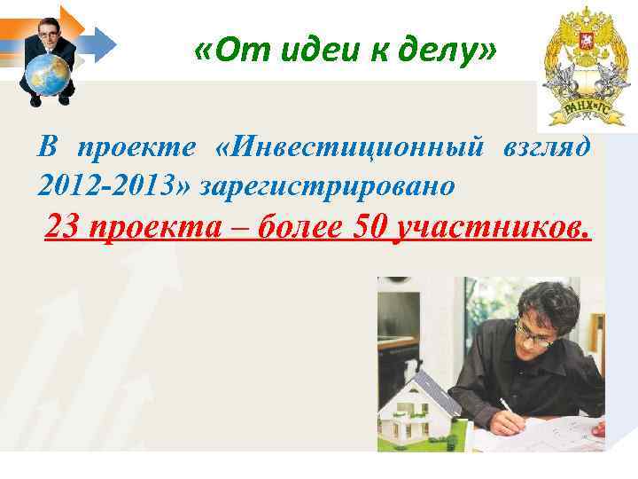  «От идеи к делу» В проекте «Инвестиционный взгляд 2012 -2013» зарегистрировано 23 проекта