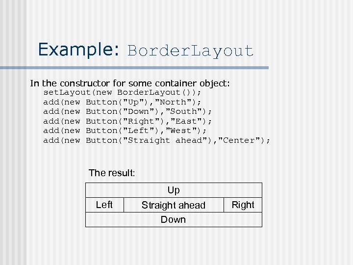 Example: Border. Layout In the constructor for some container object: set. Layout(new Border. Layout());