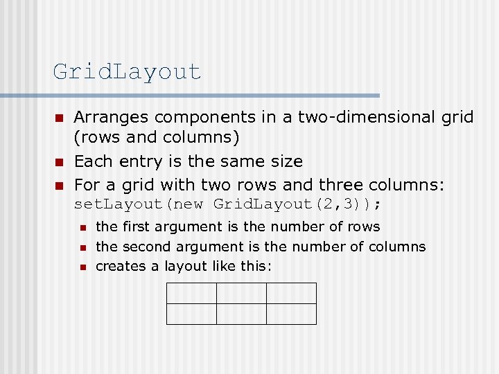 Grid. Layout n n n Arranges components in a two-dimensional grid (rows and columns)