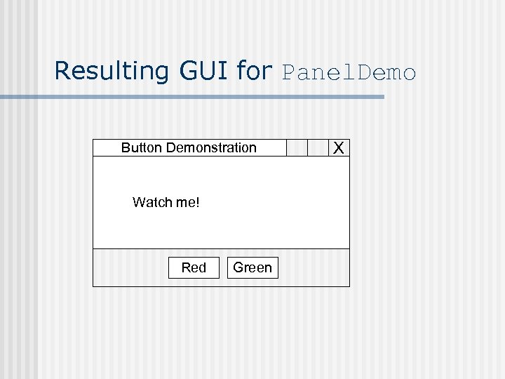 Resulting GUI for Panel. Demo Button Demonstration Watch me! Red Green X 