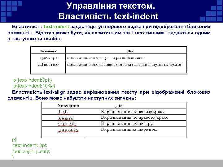  Управління текстом. Властивість text-indent задає відступ першого рядка при відображенні блокових елементів. Відступ