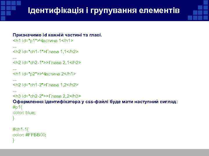  Ідентифікація і групування елементів Призначимо id кожній частині та главі. <h 1 id=