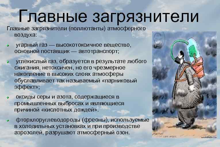 Главные загрязнители (поллютанты) атмосферного воздуха: угарный газ — высокотоксичное вещество, основной поставщик — автотранспорт;