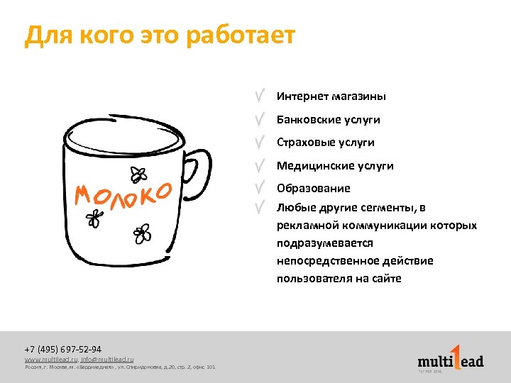 Для кого это работает Интернет магазины Банковские услуги Страховые услуги Медицинские услуги Образование Любые