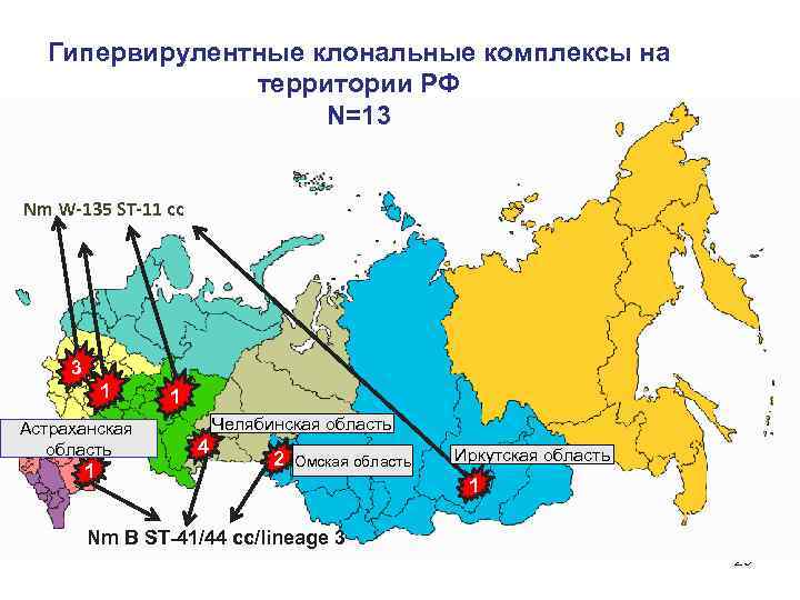 Гипервирулентные клональные комплексы на территории РФ N=13 Nm W-135 ST-11 cc 3 1 Астраханская