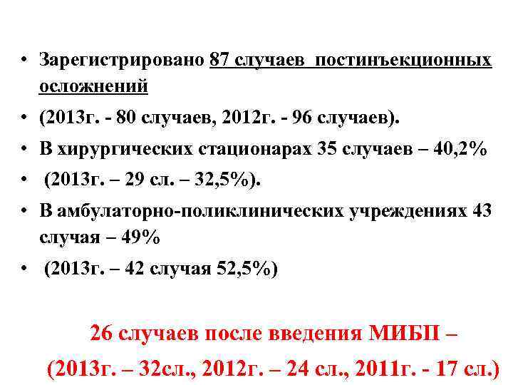 • Зарегистрировано 87 случаев постинъекционных осложнений • (2013 г. - 80 случаев, 2012