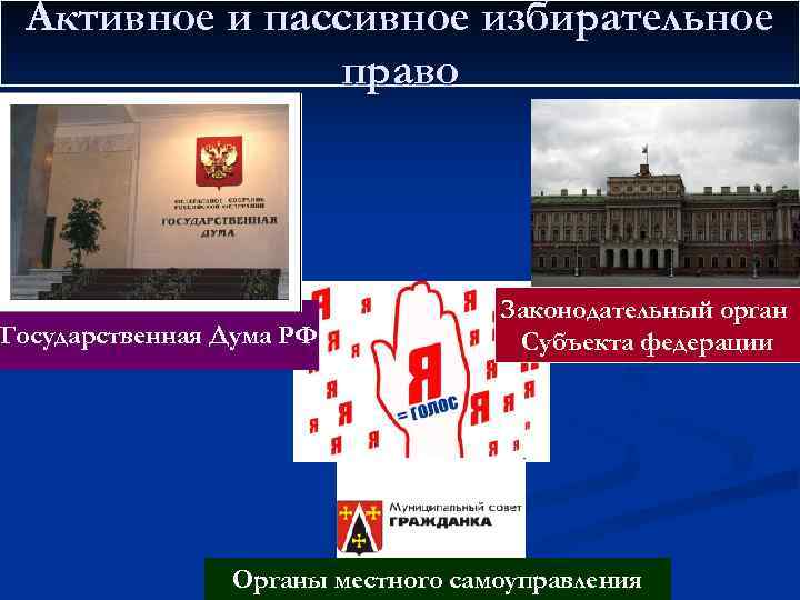 Активное и пассивное избирательное право Государственная Дума РФ Законодательный орган Субъекта федерации Органы местного