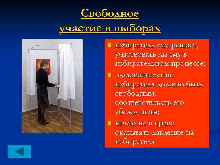 Свободное участие в выборах n n n избиратель сам решает, участвовать ли ему в