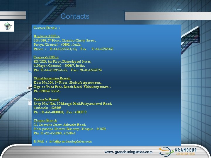 Contacts Contact Details : Registered Office 268/200, 3 rd Floor, Thambu Chetty Street, Parrys,