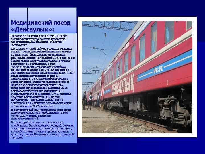 Медицинский поезд «Денсаулык» : За период с 21 января по 13 мая 2012 года