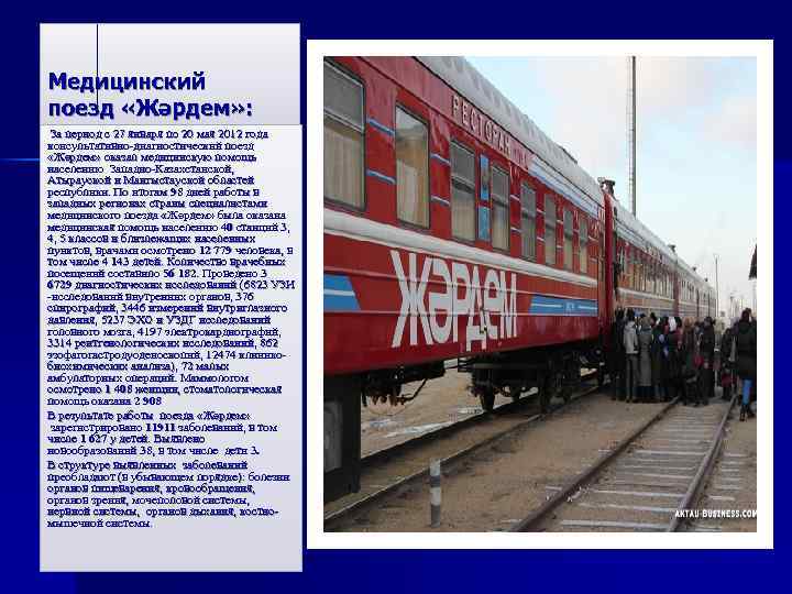 Медицинский поезд «Жәрдем» : За период с 27 января по 20 мая 2012 года