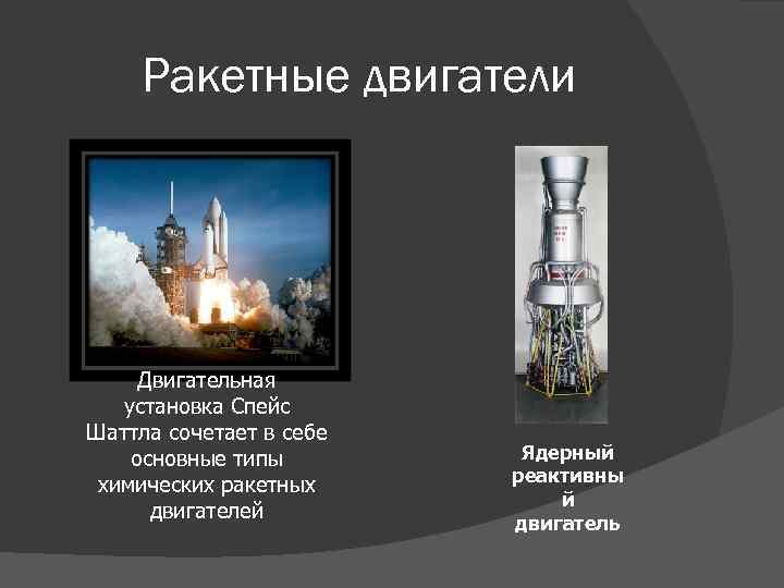 Ракетные двигатели Двигательная установка Спейс Шаттла сочетает в себе основные типы химических ракетных двигателей