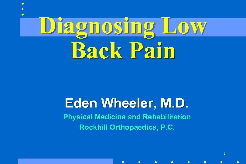 Diagnosing Low Back Pain Eden Wheeler, M. D. Physical Medicine and Rehabilitation Rockhill Orthopaedics,