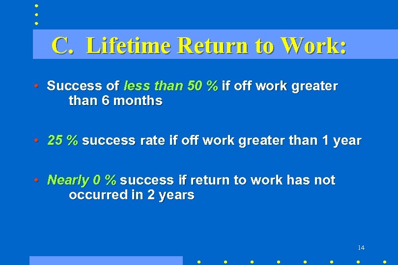 C. Lifetime Return to Work: • Success of less than 50 % if off