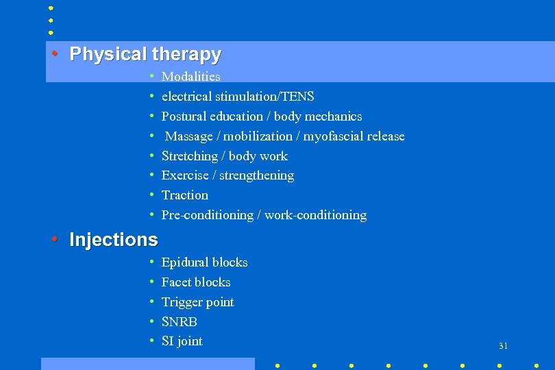  • Physical therapy • • Modalities electrical stimulation/TENS Postural education / body mechanics