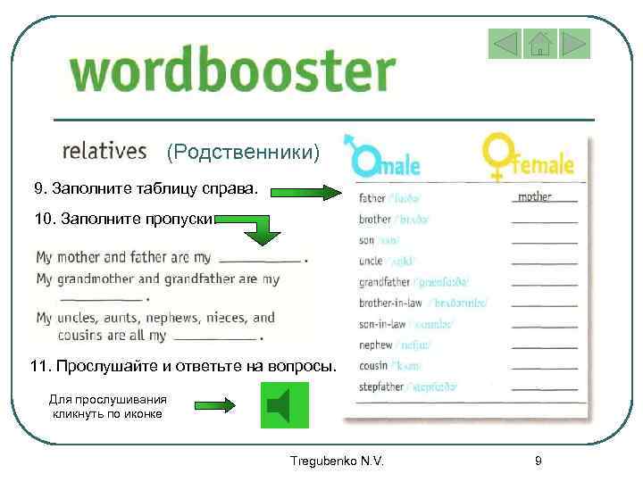 (Родственники) 9. Заполните таблицу справа. 10. Заполните пропуски. 11. Прослушайте и ответьте на вопросы.
