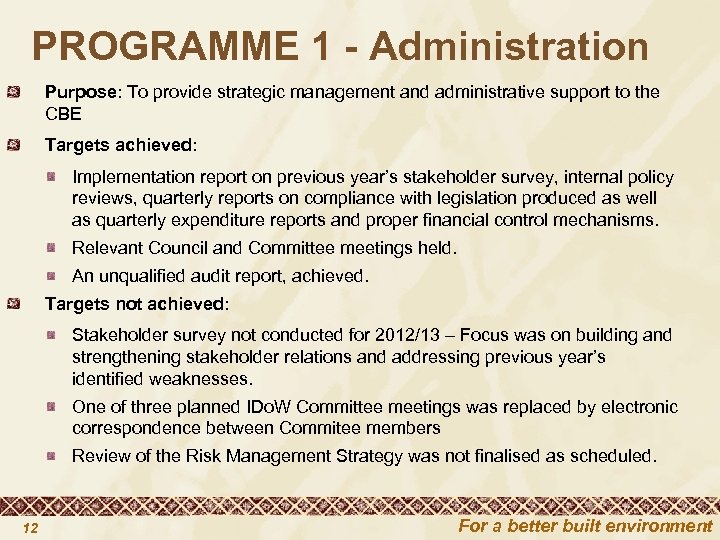 PROGRAMME 1 - Administration Purpose: To provide strategic management and administrative support to the