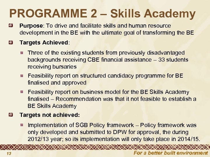 PROGRAMME 2 – Skills Academy Purpose: To drive and facilitate skills and human resource