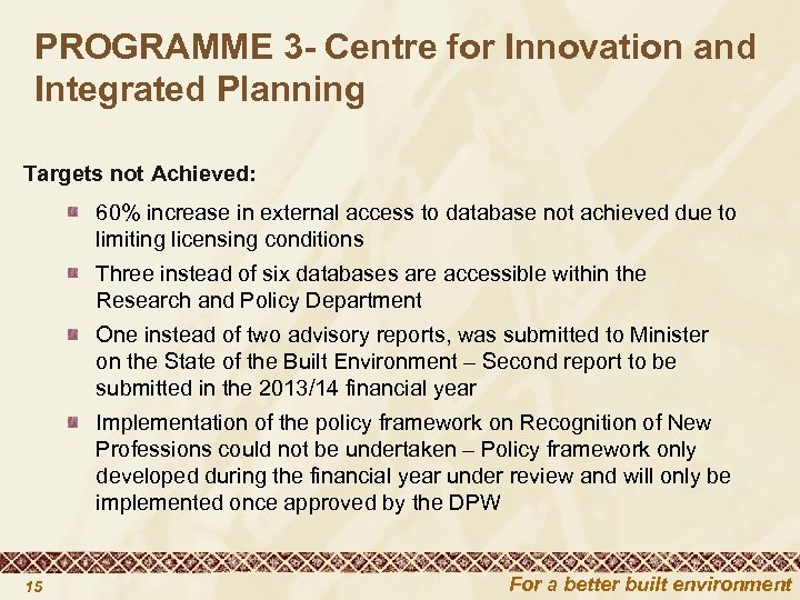 PROGRAMME 3 - Centre for Innovation and Integrated Planning Targets not Achieved: 60% increase