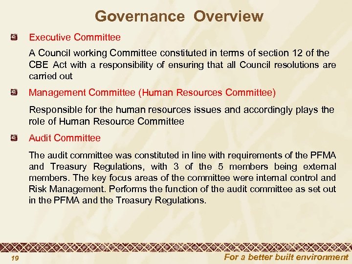 Governance Overview Executive Committee A Council working Committee constituted in terms of section 12