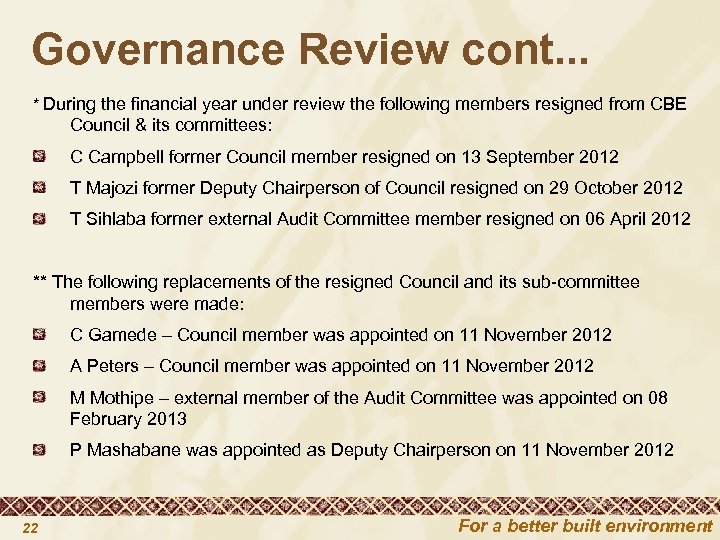 Governance Review cont. . . * During the financial year under review the following