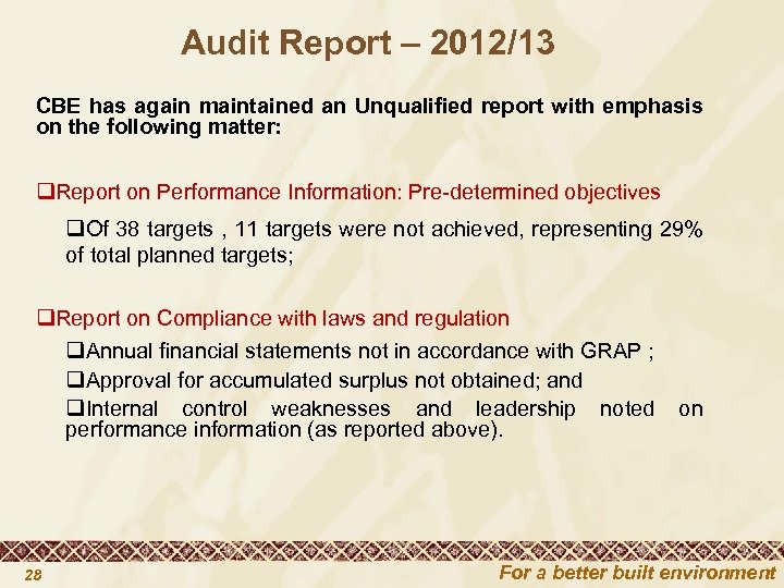 Audit Report – 2012/13 CBE has again maintained an Unqualified report with emphasis on