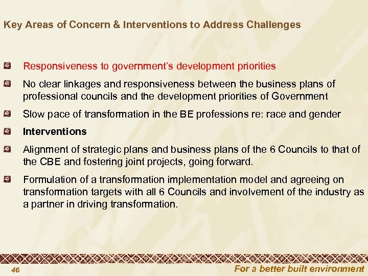 Key Areas of Concern & Interventions to Address Challenges Responsiveness to government’s development priorities