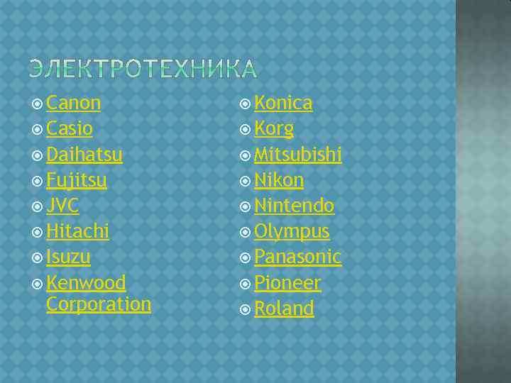  Canon Konica Casio Korg Daihatsu Mitsubishi Fujitsu Nikon JVC Nintendo Hitachi Olympus Isuzu