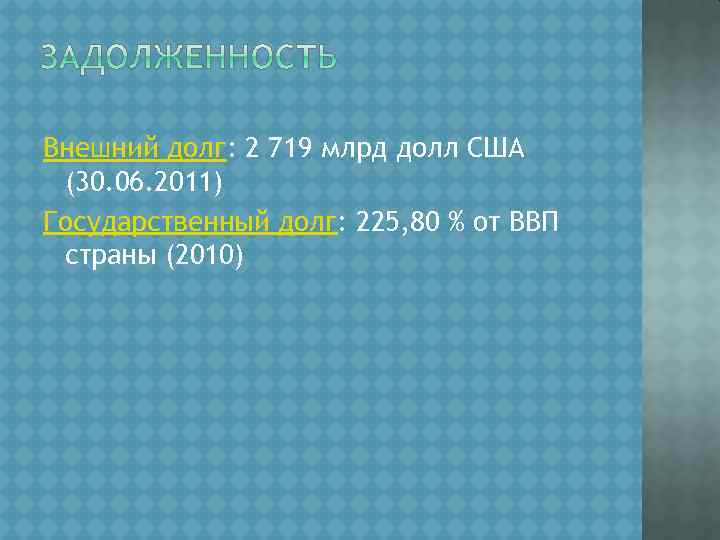 Внешний долг: 2 719 млрд долл США (30. 06. 2011) Государственный долг: 225, 80