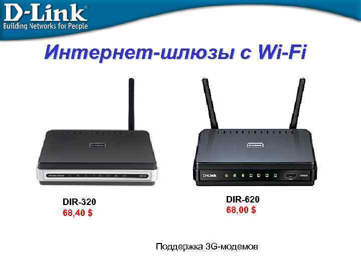 Интернет-шлюзы с Wi-Fi DIR-320 68, 40 $ DIR-620 68, 00 $ Поддержка 3 G-модемов