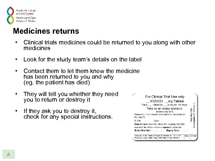 Medicines returns • • Contact them to let them know the medicine has been