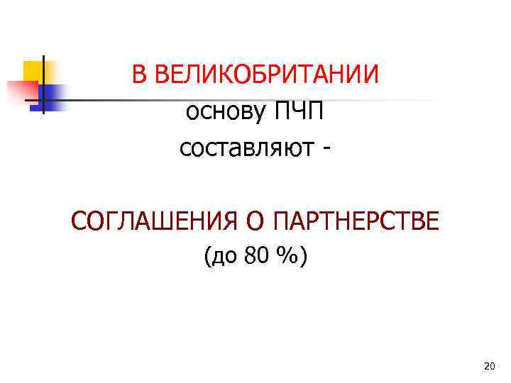 В ВЕЛИКОБРИТАНИИ основу ПЧП составляют СОГЛАШЕНИЯ О ПАРТНЕРСТВЕ (до 80 %) 20 