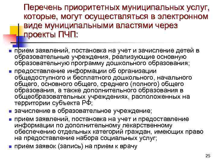 Перечень приоритетных муниципальных услуг, которые, могут осуществляться в электронном виде муниципальными властями через проекты