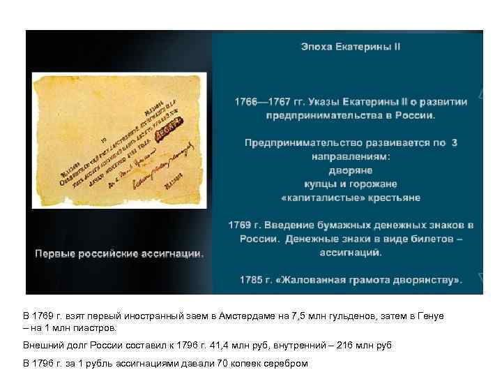 В 1769 г. взят первый иностранный заем в Амстердаме на 7, 5 млн гульденов,