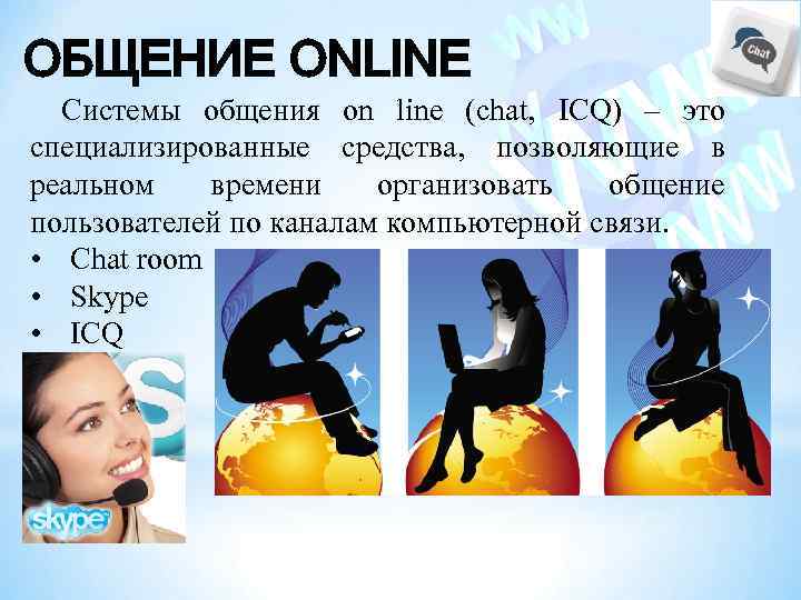 ОБЩЕНИЕ ONLINE Системы общения on line (chat, ICQ) – это специализированные средства, позволяющие в
