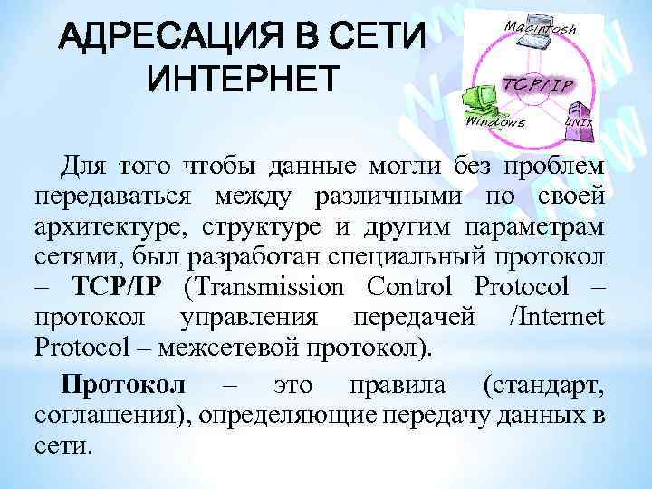 АДРЕСАЦИЯ В СЕТИ ИНТЕРНЕТ Для того чтобы данные могли без проблем передаваться между различными