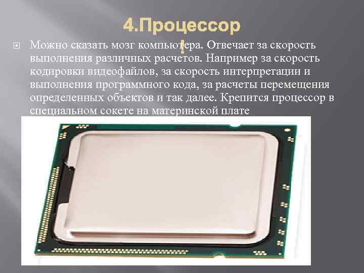  Можно сказать мозг компьютера. Отвечает за скорость выполнения различных расчетов. Например за скорость