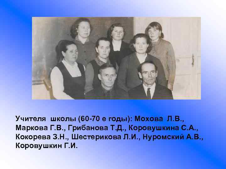 Учителя школы (60 -70 е годы): Мохова Л. В. , Маркова Г. В. ,