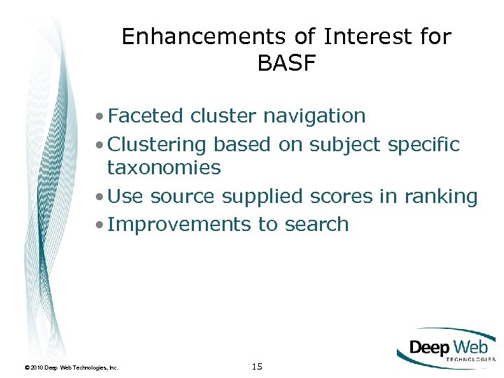 Enhancements of Interest for BASF • Faceted cluster navigation • Clustering based on subject