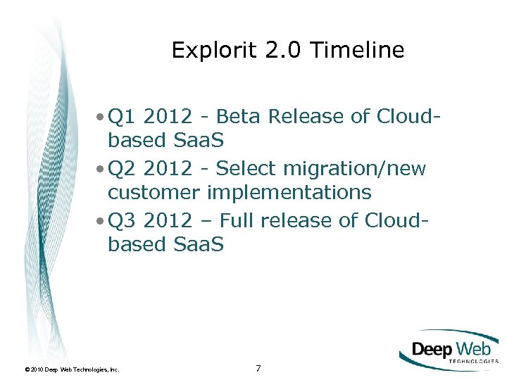 Explorit 2. 0 Timeline • Q 1 2012 - Beta Release of Cloudbased Saa.