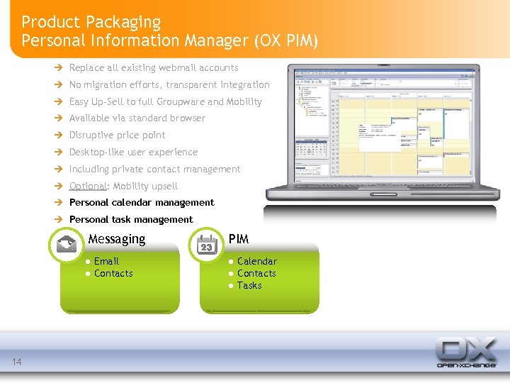 Product Packaging Personal Information Manager (OX PIM) Replace all existing webmail accounts No migration
