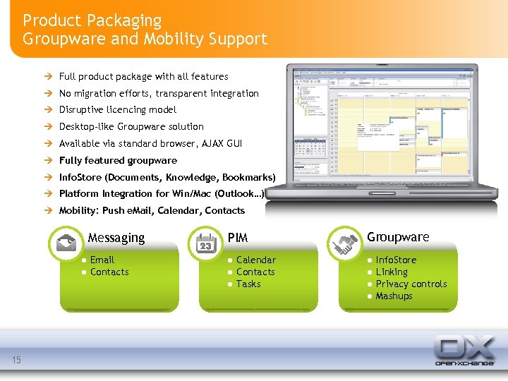 Product Packaging Groupware and Mobility Support Full product package with all features No migration