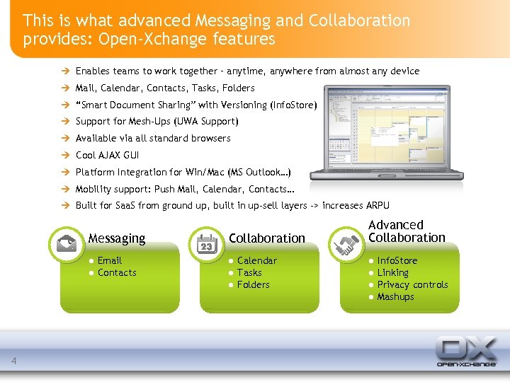 This is what advanced Messaging and Collaboration provides: Open-Xchange features Enables teams to work